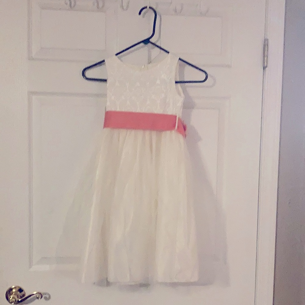 Sweet Kids brand, white dress, peach sash, size 6